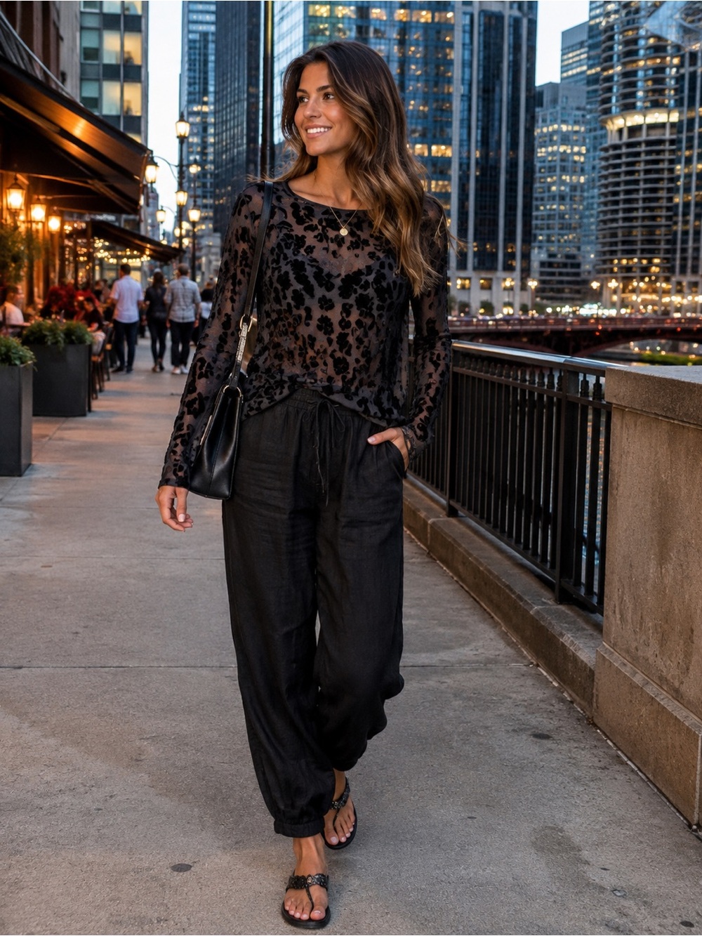 Marks & Spencer Black Velvet Burnout Floral Long Sleeve Top